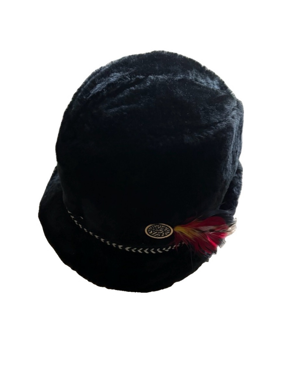 Plush Black Faux Fur Cloche Hat with Feather Accent
